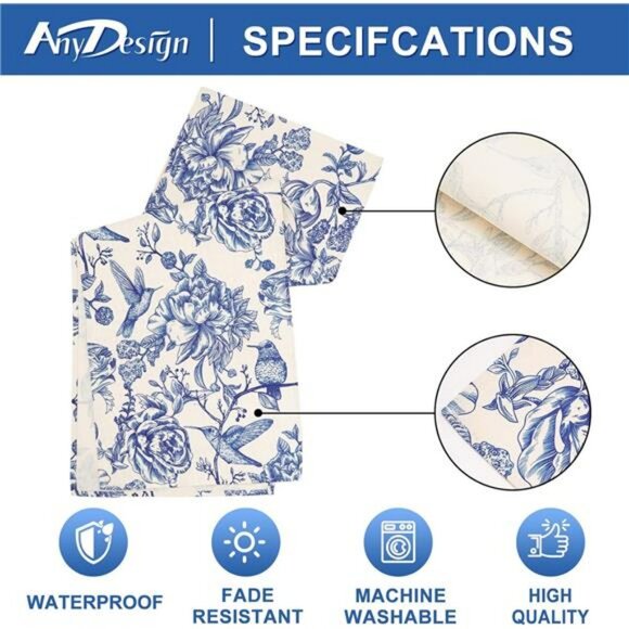 Blue floral table runner 13x72 vintage chinoiserie birds flowers dining table de - Picture 7 of 8